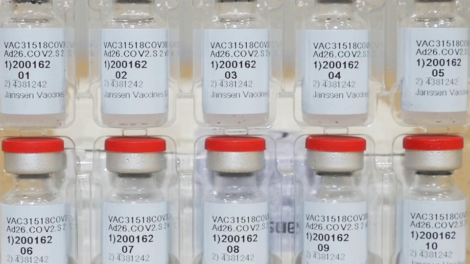 FILE - This Dec. 2, 2020, file photo provided by Johnson & Johnson shows vials of the COVID-19 vaccine in the United States. The U.S. is getting a third vaccine to prevent COVID-19, as the Food and Drug Administration on Saturday, Feb. 27, 2021 cleared a Johnson & Johnson shot that works with just one dose instead of two (Johnson & Johnson via AP)