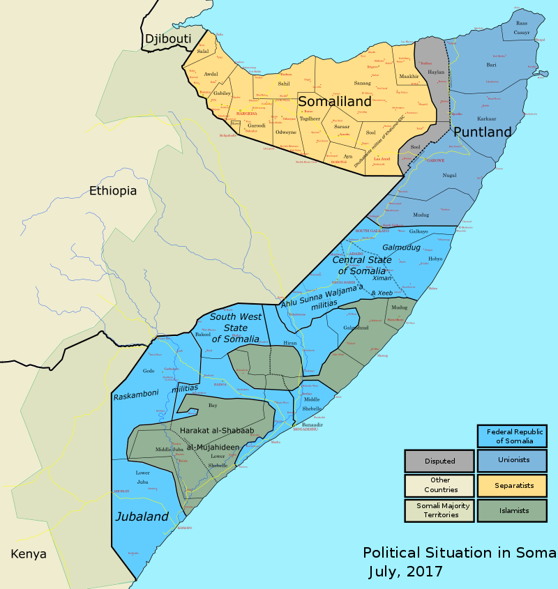 非洲之角國家現況，淺黃色為索馬利蘭、剩下藍色區域皆為索馬利亞國土。（維基百科公有領域）
