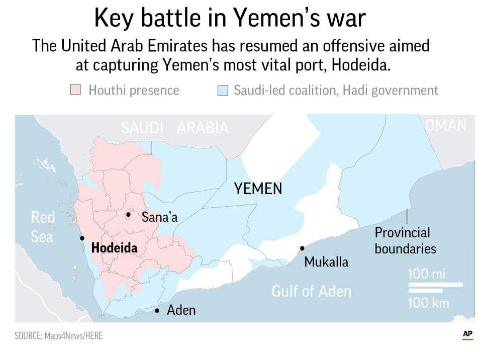 Map locates ares of control in Yemen;