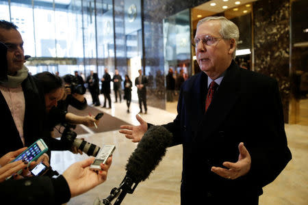 U.S. Senate Majority Leader Mitch McConnell (R-KY) speaks to members of the news media after meeting with U.S. President-elect Donald Trump at Trump Tower in New York, U.S., January 9, 2017. REUTERS/Mike Segar