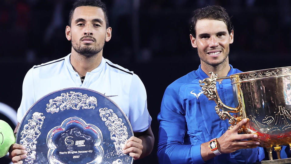 Nick Kyrgios and Rafael Nadal.  (Photo by Lintao Zhang/Getty Images)