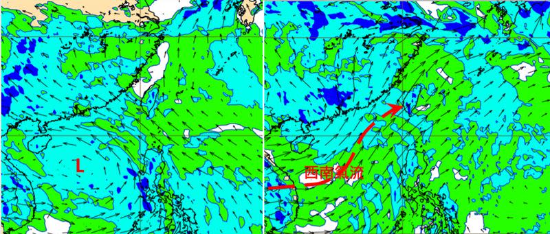 圖：最新(8日20時)歐洲(ECMWF)模式模擬850百帕風場圖顯示，週五(11日)20時南海有「熱帶擾動」(左圖L)發展。下週一(14日)20時「西南氣流」增強並已抵達台灣(右圖)。