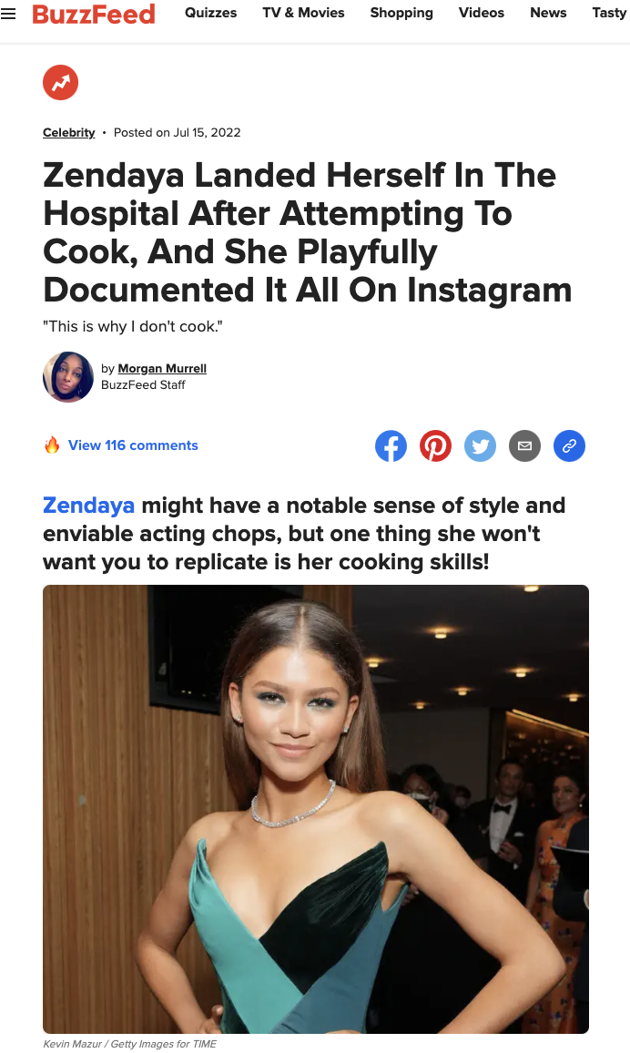 zendaya under a headline about going to the hospital after cooking