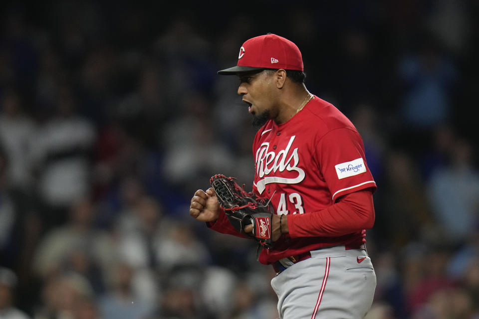 Cincinnati Reds relief pitcher Alexis Diaz reacts after striking out Chicago Cubs' Ian Happ to end a baseball game Saturday, May 27, 2023, in Chicago. (AP Photo/Erin Hooley)