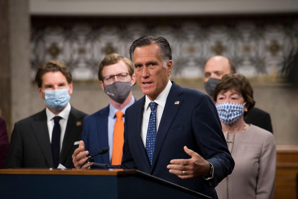 Mandatory Credit: Photo by Shutterstock (11088535s)United States Senator Mitt Romney (Republican of Utah) speaks at a Capitol Hill press conference in Washington, DC announcing a bipartisan $908 billion COVID emergency relief framework that is designed to break the partisan deadlock and bring economic relief to millions of Americans.