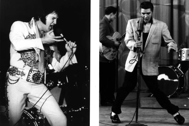 A combo photograph of the "King," show Elvis Presley back in 1956 (R) as young, slender and agile, when he did what he called "jiggling" while he sang. On the left is how he looked on June 20,1977 in Lincoln, Neb., during a performance less than two months before his death in Memphis on August 16, 1977. UPI File Photo