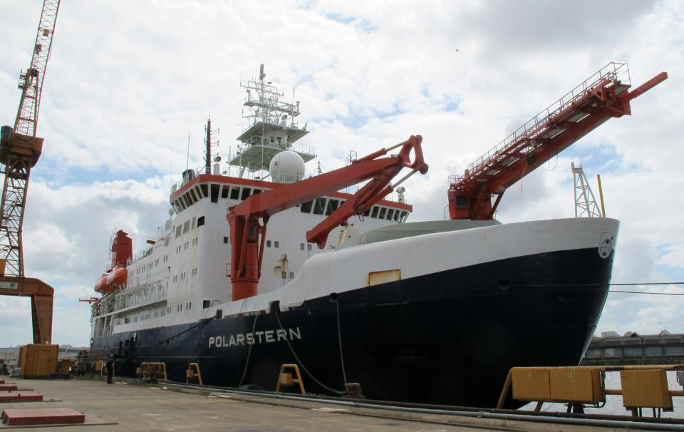 The German Arctic research vessel Polarstern is docked for maintenance in Bremerhaven, Germany, Wednesday, July 3, 2019. Scientists from 17 nations are preparing for a year-long mission to the central Arctic to study the impact that climate change is having on the frigid far north of the planet. Mission leader Markus Rex said that researchers plan to anchor the German icebreaker RV Polarstern to a large floe and set up camp on the ice as the sea freezes around them, conducting experiments throughout the Arctic winter. (AP Photos/Frank Jordans)