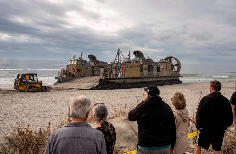 A U.S. Navy Landing Craft Air Cushion (LCAC) came ashore in North Myrtle Beach, S.C. on Thursday surprising onlookers. Navy personnel have been off the coast of Myrtle Beach this week collecting debris Chinese Spy balloon that was shot down last Saturday. The landing craft stayed on the shoreline for several hours and appeared to take on supplies. February 9, 2023.