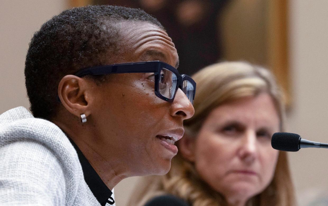 Harvard President Claudine Gay, left, speaks as University of Pennsylvania President Liz Magill listens during a hearing on Capitol Hill