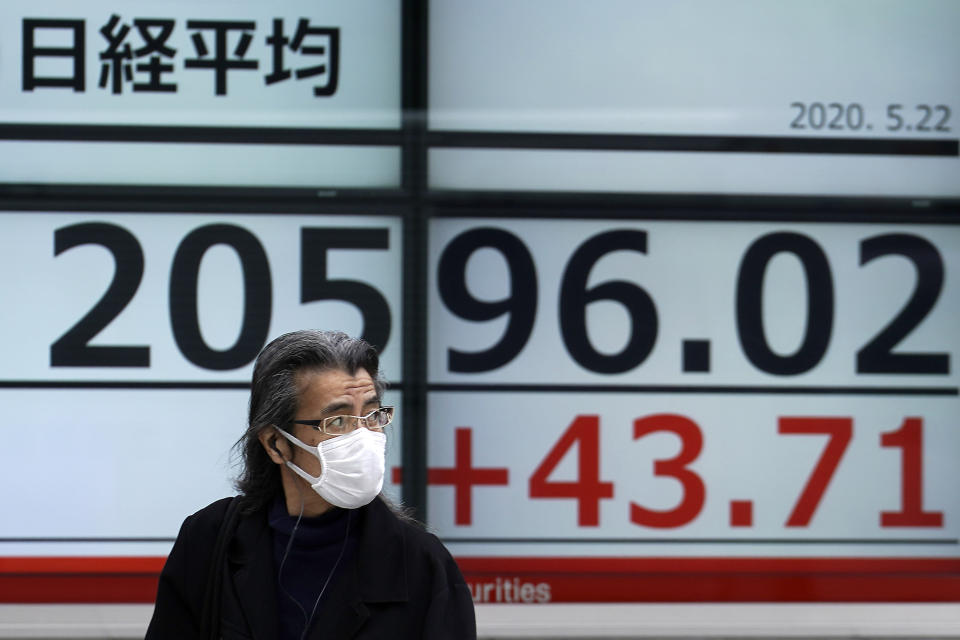 A man walks past an electronic stock board showing Japan's Nikkei 225 index at a securities firm in Tokyo Friday, May 22, 2020. Shares are slipping in Asia as tensions flare between the U.S. and China and as more job losses add to the economic fallout from the coronavirus pandemic. (AP Photo/Eugene Hoshiko)