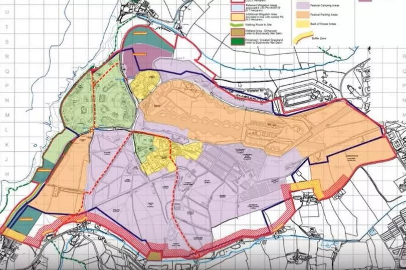 The dark blue line shows the extent of this year's festival compared to the increased site edged in red