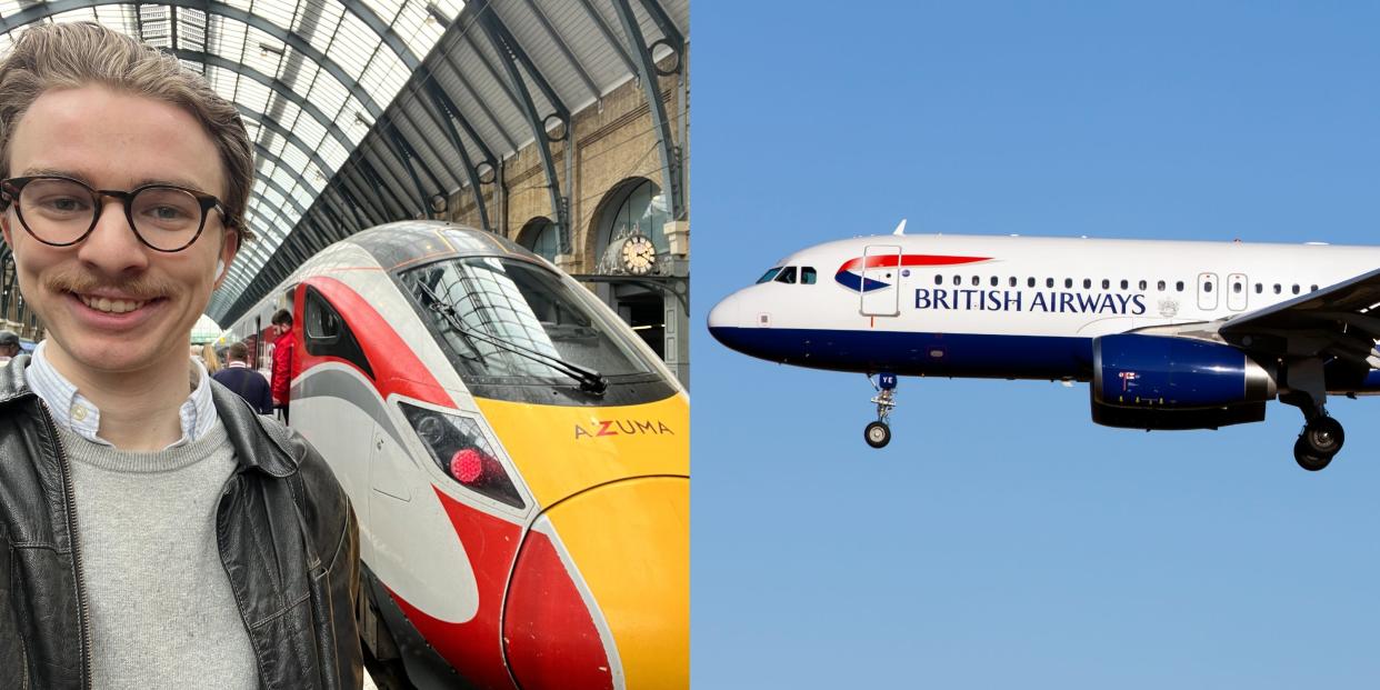 Business Insider's Pete Syme takes a selfie in front of an LNER Azuma train, and a British Airways Airbus A320