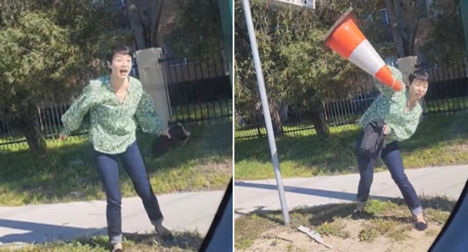 Woman yelling in road rage attack with traffic cone in Adelaide. 