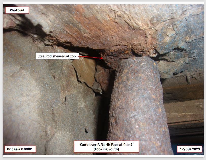 The Rhode Island Department of Transportation posted this photo on its website after it shut down the Washington Bridge on Dec. 11, 2023. At the time, DOT Director Peter Alviti said the bridge was at risk due to broken "pins" and swaying that "could be the cause of a potentially catastrophic failure." The photo, dated Dec. 8, 2023, shows a broken tie-rod on Pier 7 of the bridge.