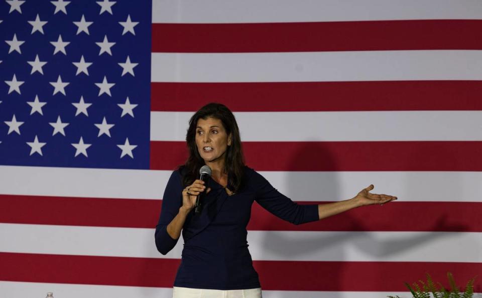 Nikki Haley speaks to home-town supporters during a campaign rally at The Grove in Lexington County on Thursday, April 06, 2023.