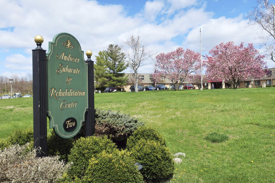 This Thursday, April 16, 2020 photo shows the Andover Subacute and Rehabilitation Center in Andover, N.J. Police responding to an anonymous tip found more than a dozen bodies Sunday and Monday at the nursing home in northwestern New Jersey, according to news reports. (AP Photo/Ted Shaffrey)