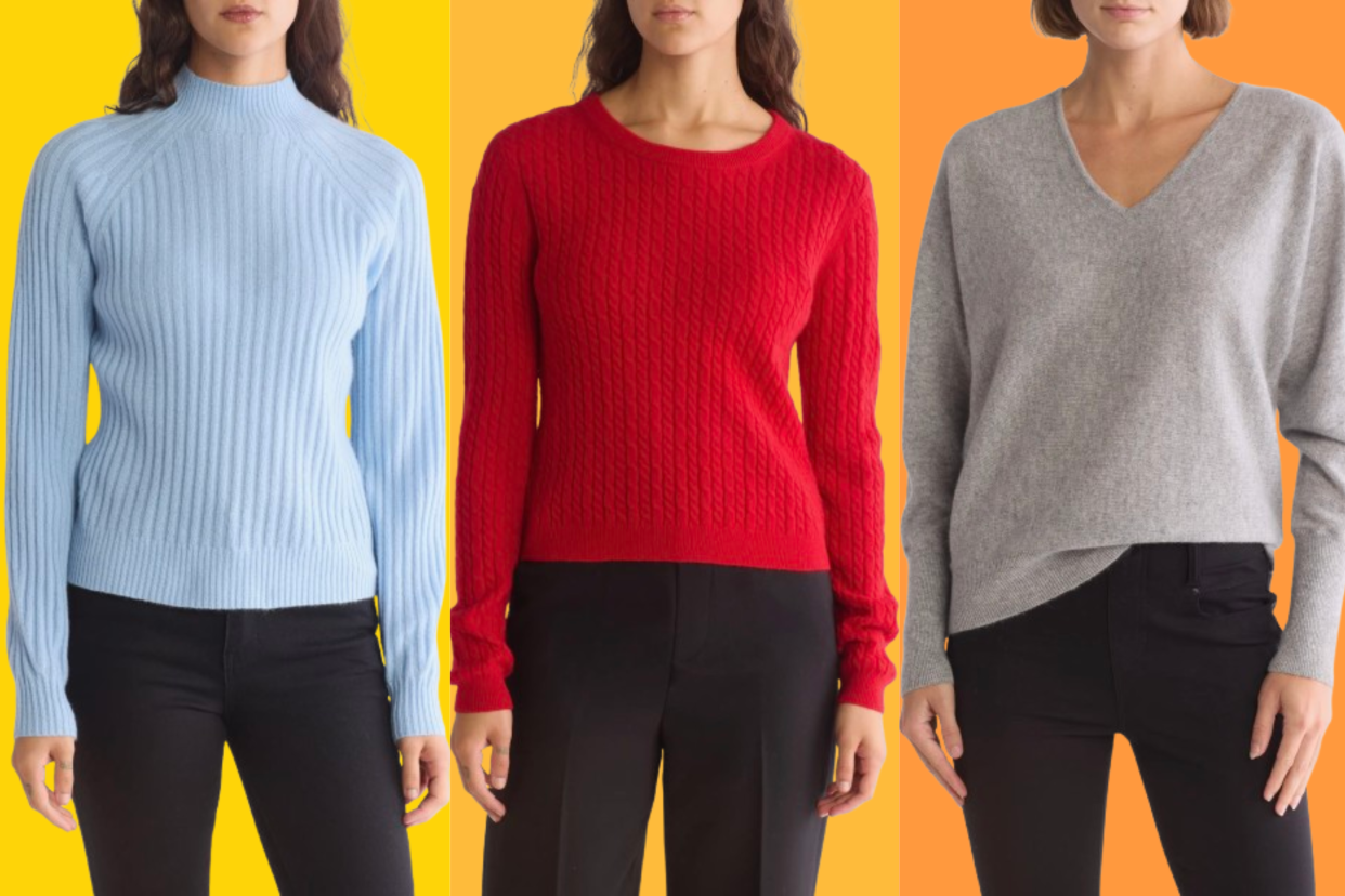 baby blue cashmere sweater, red cable knit cashmere sweater and gray v-neck cashmere sweater over orange background