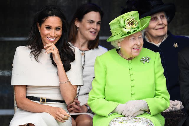 <p>Jeff J Mitchell/Getty Images</p> From left: Meghan Markle, Samantha Cohen and Queen Elizabeth in June 2018