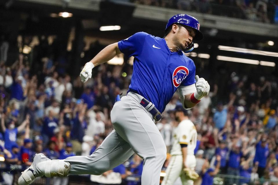 Chicago Cubs' Seiya Suzuki reacts after hitting a two-run home run during the fifth inning of a baseball game against the Milwaukee Brewers Tuesday, July 5, 2022, in Milwaukee. (AP Photo/Morry Gash)