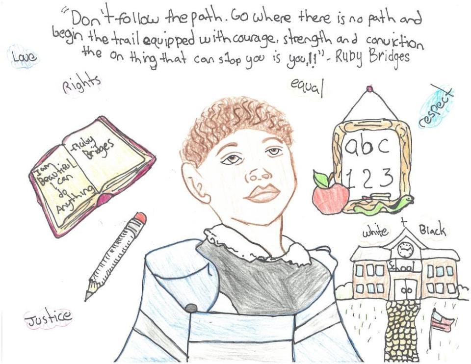 Artwork from members. of the Boys and Girls Club of Henderson County for USCellular's Black History Month Art Contest. Ten finalists were selected from the Boys and Girls Club. This artwork is of Ruby Bridges.