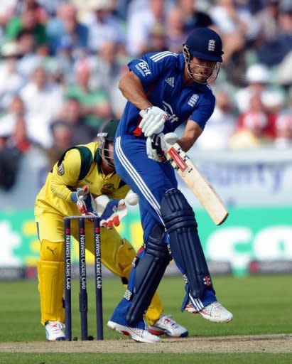 England batsman Alastair Cook (right) misses a shot during the fourth one-day international between England and Australia in Chester-le-Street on July 7. Cook wants no let up from his side as they eye a 4-0 series win over arch-rivals Australia at Old Trafford on Tuesday