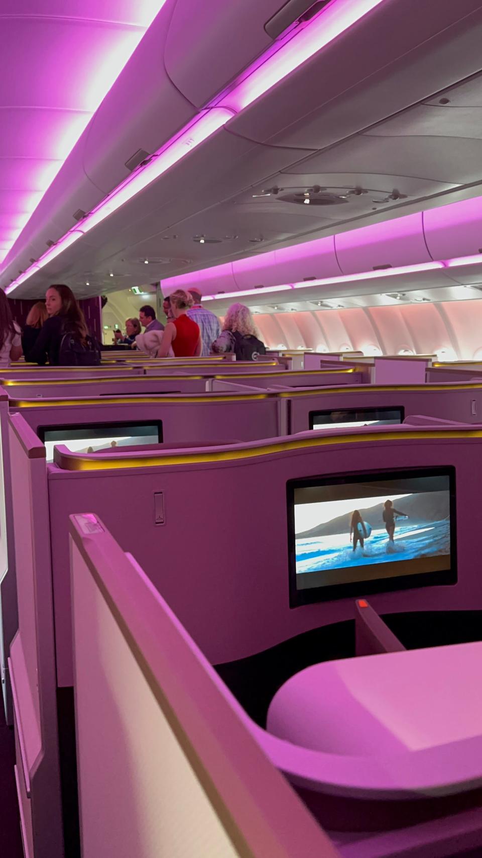 Upper class cabin on Virgin Atlantic airplane, Dan Koday, " I was one of the first people to see Virgin Atlantic's newest aircraft that will fly between NYC and London."