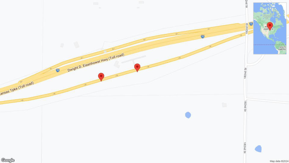 A detailed map that shows the affected road due to 'Heavy rain prompts traffic advisory on eastbound I-70 in Basehor' on May 19th at 10:36 p.m.
