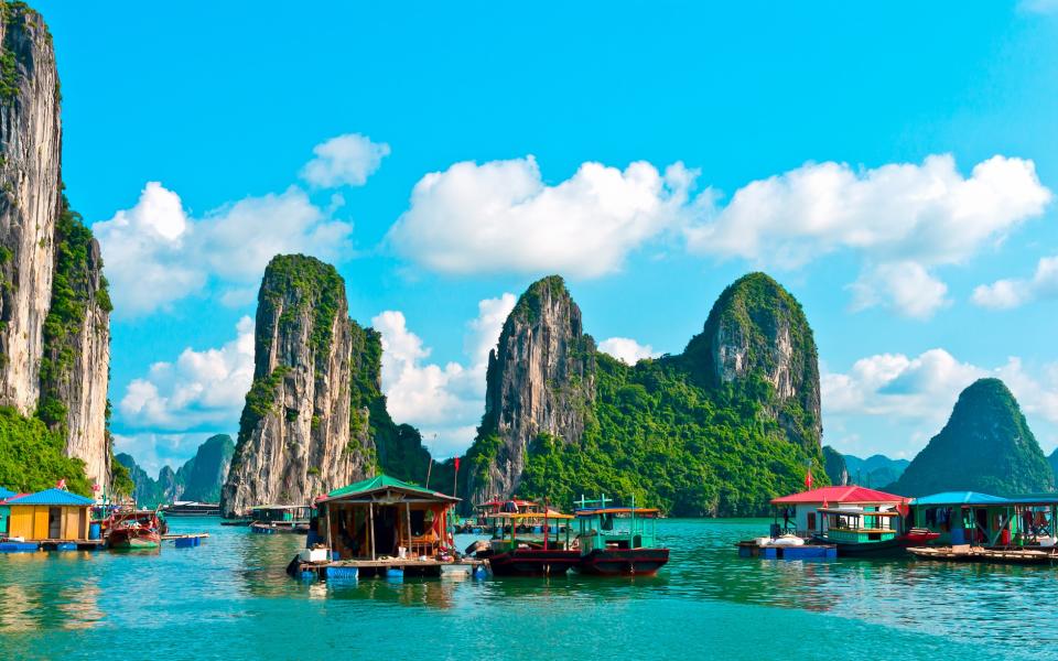 Halong Bay has thousands of towering limestone islands topped by rainforests