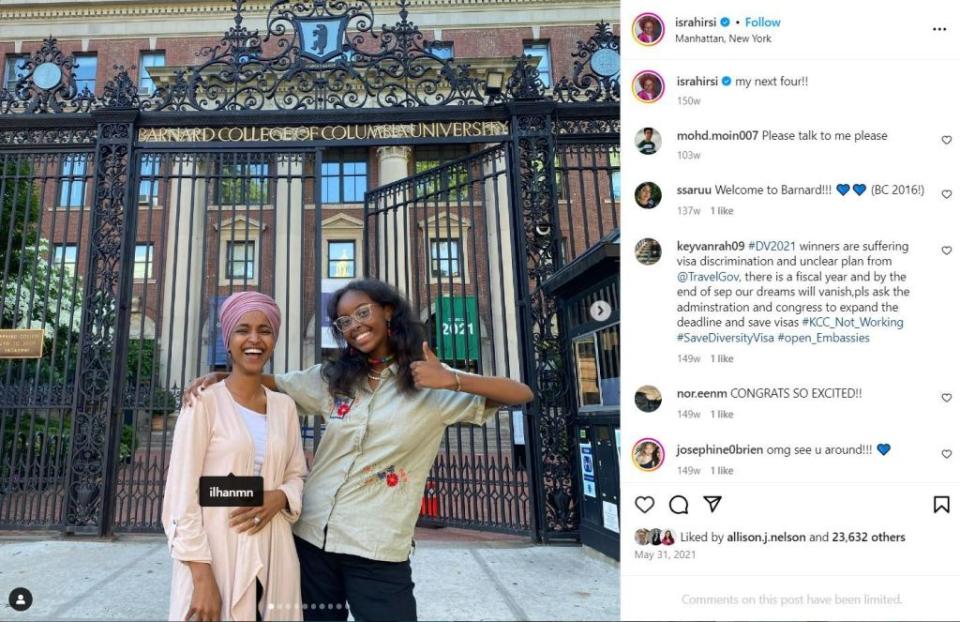 Isra Hirsi and her mom Ilhan Omar seen in an Instagram photo. Instagram