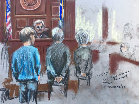 Dylann Roof (L), condemned to death by a jury for the hate-fueled killings of nine black parishioners at a Bible study meeting in 2015, is shown in this courtroom sketch in Charleston, South Carolina, U.S., January 10, 2017. REUTERS/Rob Maniscalco