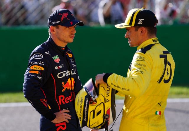 Max Verstappen, left, and Charles Leclerc