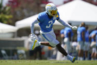 Los Angeles Chargers safety Derwin James Jr. (3) participates in drills during a combined NFL practice with the Dallas Cowboys at the Los Angeles Rams' practice facility in Costa Mesa, Calif. Wednesday, Aug. 17, 2022. (AP Photo/Ashley Landis)