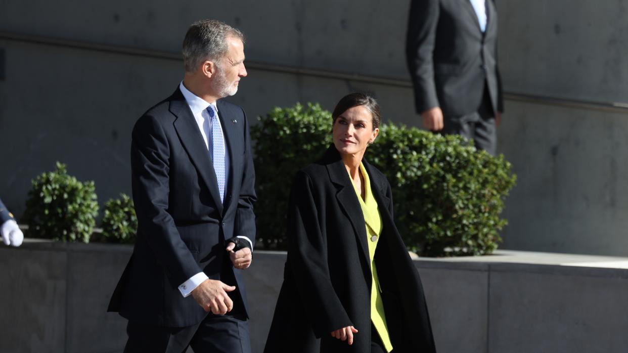  Queen Letizia's statement blazer added the perfect splash of colour to her all-black ensemble as she stepped out in Denmark. 