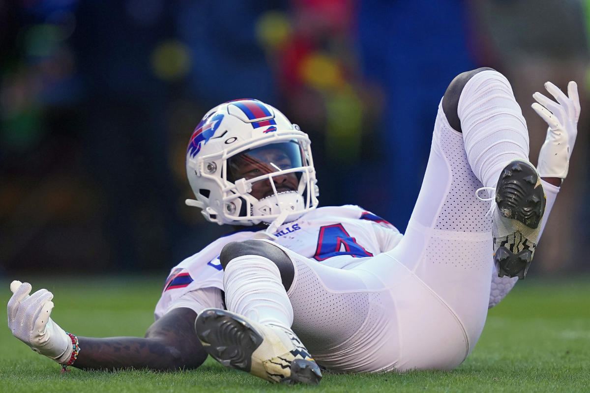 Buffalo Bills wide receiver Stefon Diggs (14) runs off the field after an  NFL football game against the Green Bay Packers, Sunday, Oct. 30, 2022, in  Orchard Park, N.Y. (AP Photo/Bryan Bennett