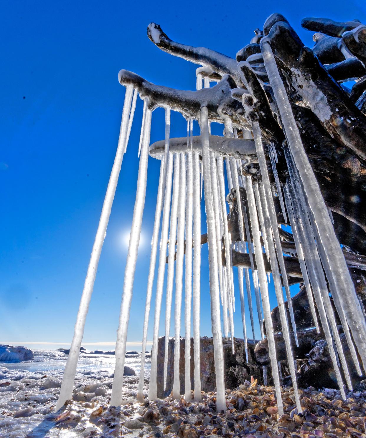 Icicles form on a branch alone a frigid Lake Michigan shoreline near Bradford Beach in Milwaukee on Wednesday, Jan. 17, 2024. The cold snap is expected to end this weekend and into next week with temperature climbing above freezing according to the National Weather Service.