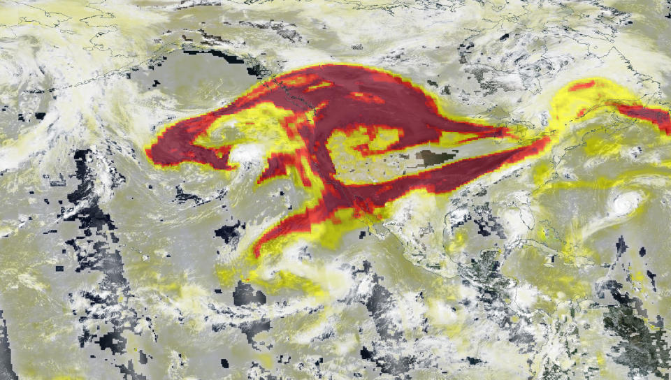 The high aerosol index over the U.S. as a result of fires in the western U.S. on Sept. 13. Red areas indicate heavy concentrations of aerosols that could reduce visibility or impact human health. (NASA/NOAA Suomi NPP satellite)