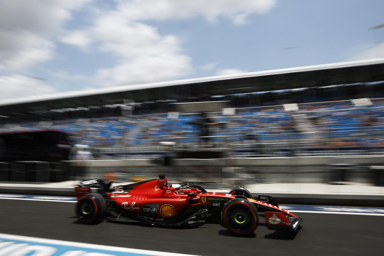 MIAMI, FLORIDA - MAY 06: Charles Leclerc of Monaco driving the (16) Ferrari SF-23 in the Pitlane during final practice ahead of the F1 Grand Prix of Miami at Miami International Autodrome on May 06, 2023 in Miami, Florida. (Photo by Chris Graythen/Getty Images)