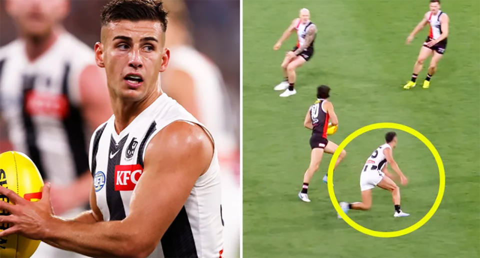 Pictured right, Collingwood's Nick Daicos being brushed off by Mitch Owens.