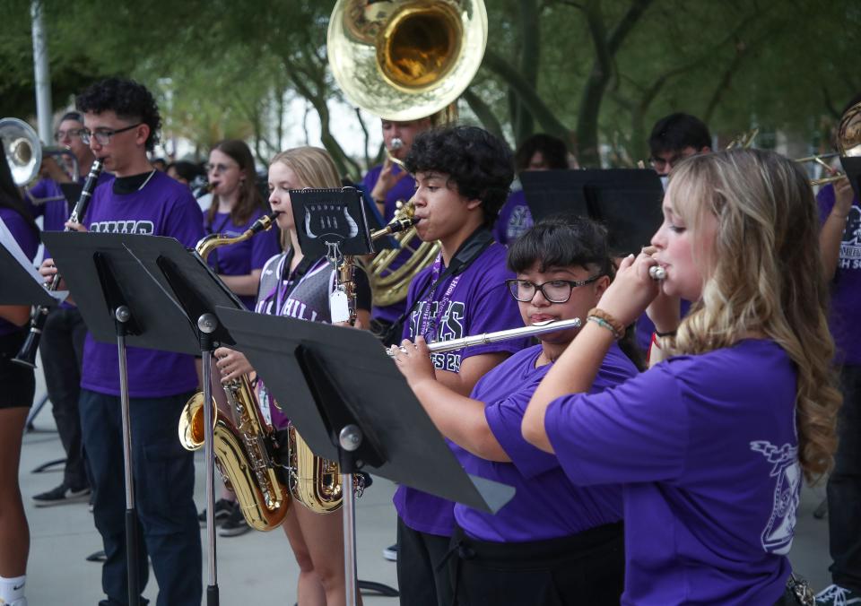 The Shadow Hills High School band plays during the first day of school in Indio, Calif., August 15, 2023. 