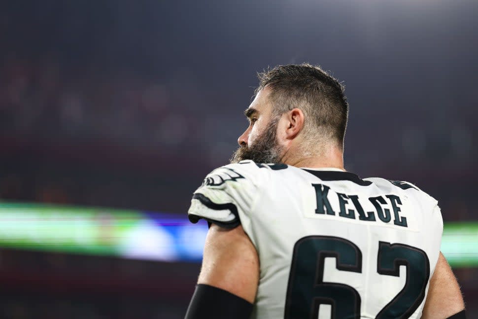 Jason Kelce #62 of the Philadelphia Eagles looks on from the sidelines during the fourth quarter of an NFL wild-card playoff football game against the Tampa Bay Buccaneers at Raymond James Stadium on January 15, 2024 in Tampa, Florida.