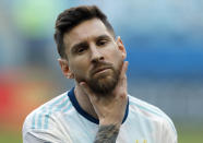 Argentina's Lionel Messi strokes his beard prior a Copa America Group B soccer match against Qatar at Arena do Gremio, Porto Alegre, Brazil, Sunday, June 23, 2019. (AP Photo/Victor R. Caivano)