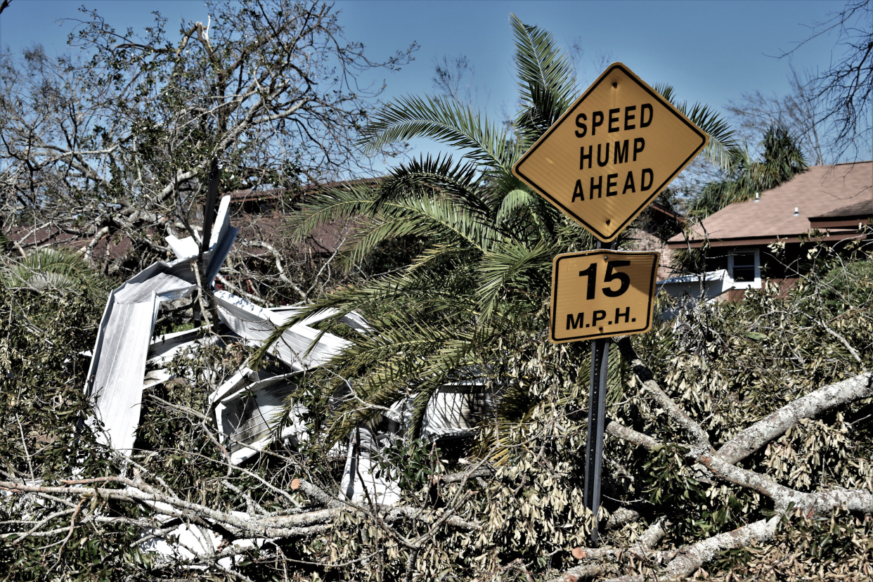 Road Sign Amidst Damage Debris in Panama City, Florida From Hurricane Michael, 2018