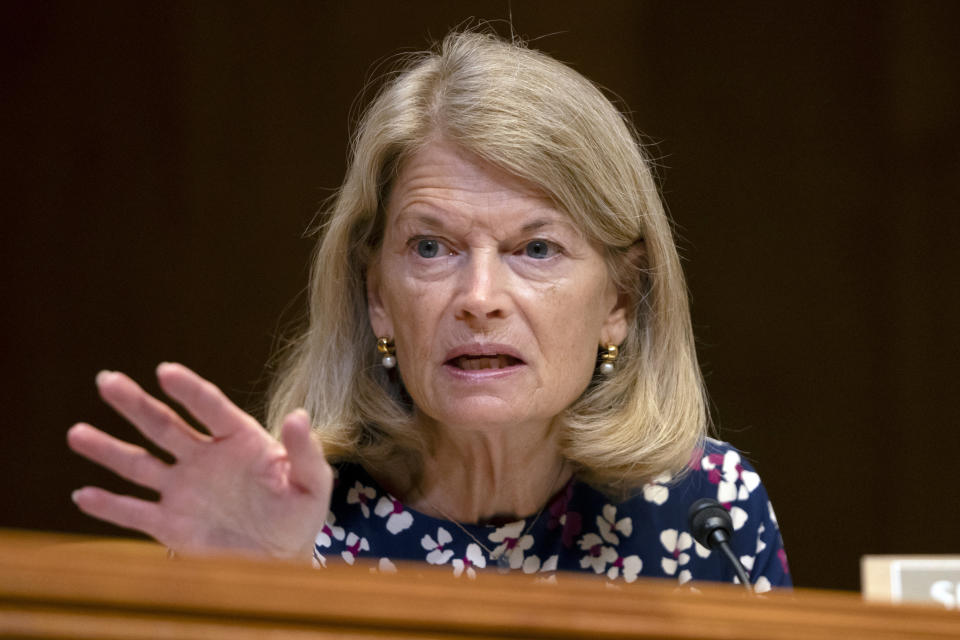 Sen. Lisa Murkowski, R-Alaska, speaks during a hearing of the Homeland Security subcommittee of the Senate Committee on Appropriations on Capitol Hill, Wednesday, April 10, 2024, in Washington. (AP Photo/Mark Schiefelbein)