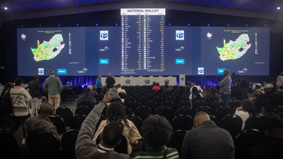 People watch live voting results on the National Ballot results board at the IEC National Results Center on May 30, 2024 in Johannesburg, South Africa. - Chris McGrath/Getty Images