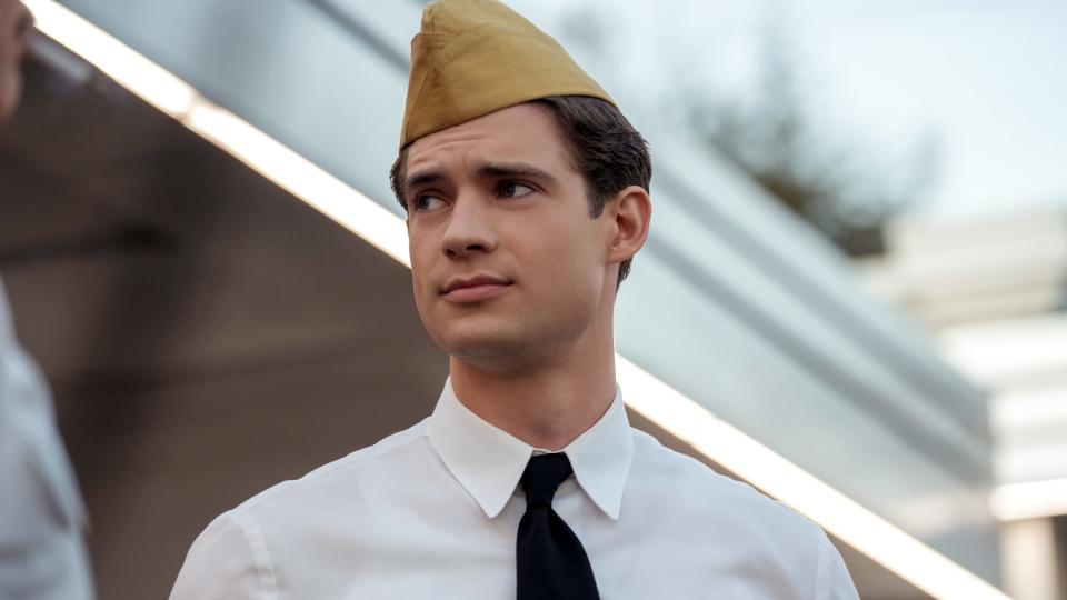 David Corenswet as Jack Castello, wearing a side cap, shirt and tie, in Hollywood