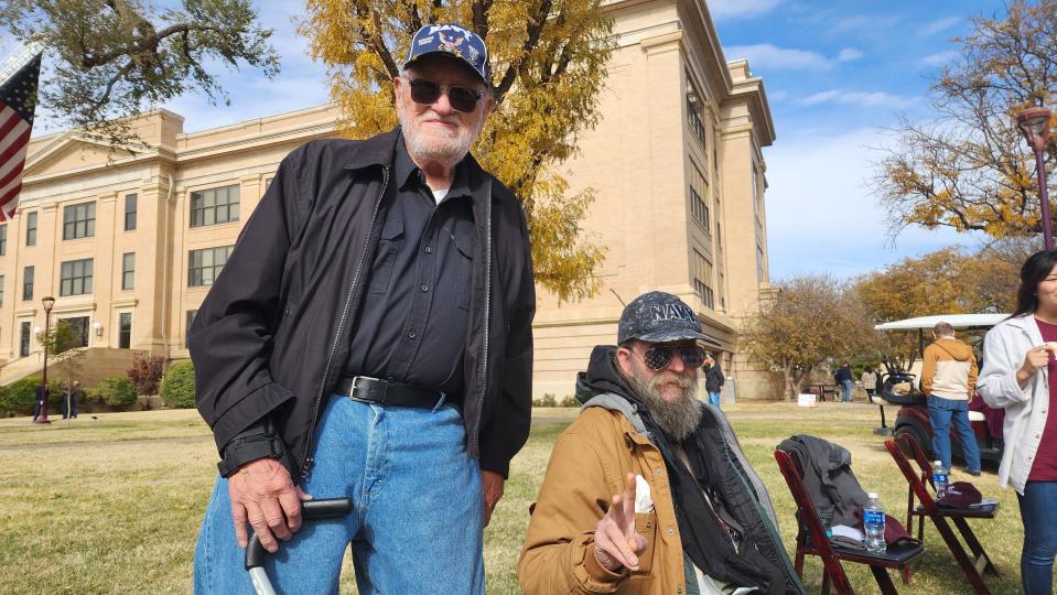 Navy veterans John Anderson Jr. and Ronald Hind at a community veterans ceremony Friday at West Texas A&M University in Canyon.