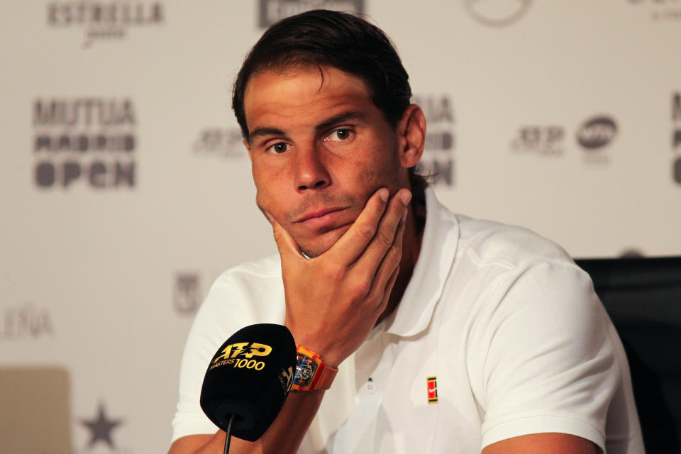 Rafa Nadal speaks during a press conference at Mutua Open Tenis on May 07, 2019 in Madrid, Spain.