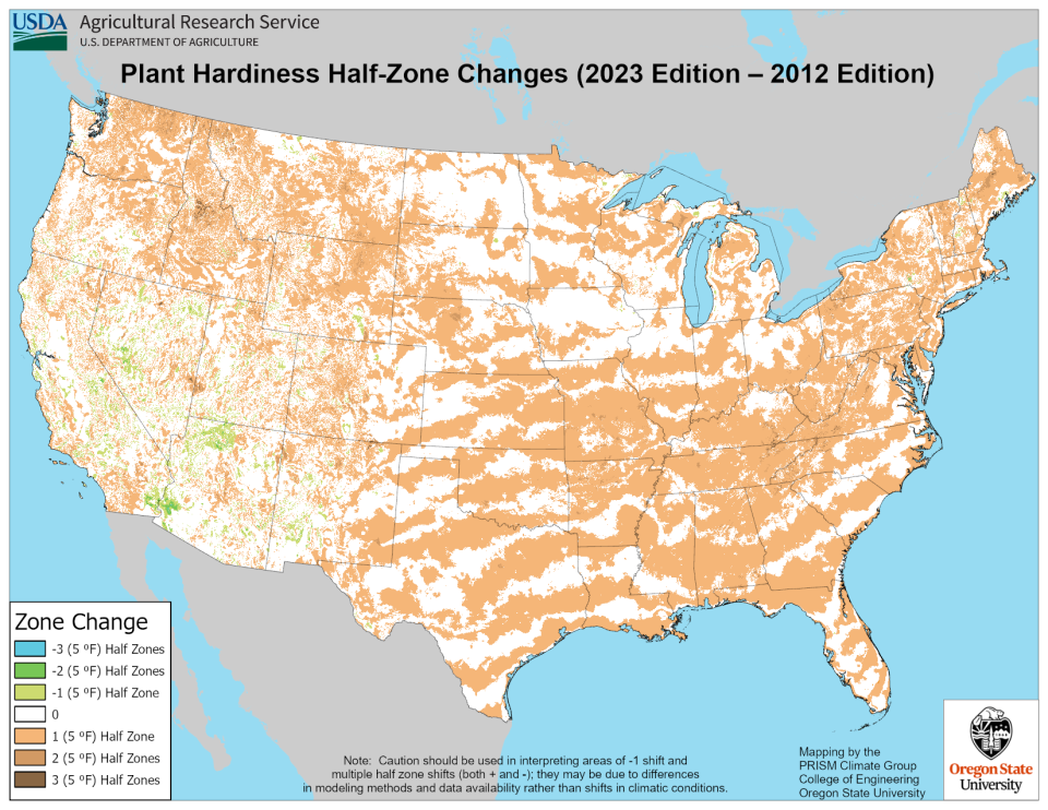 The USDA released an updated cold-zoning map for plant producers in the United States. Half of the country was reclassified to a zone 5 F warmer.