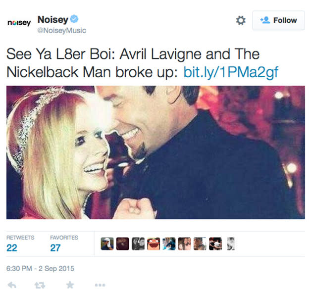 Twitter post about Avril Lavigne and Chad Kroeger's split