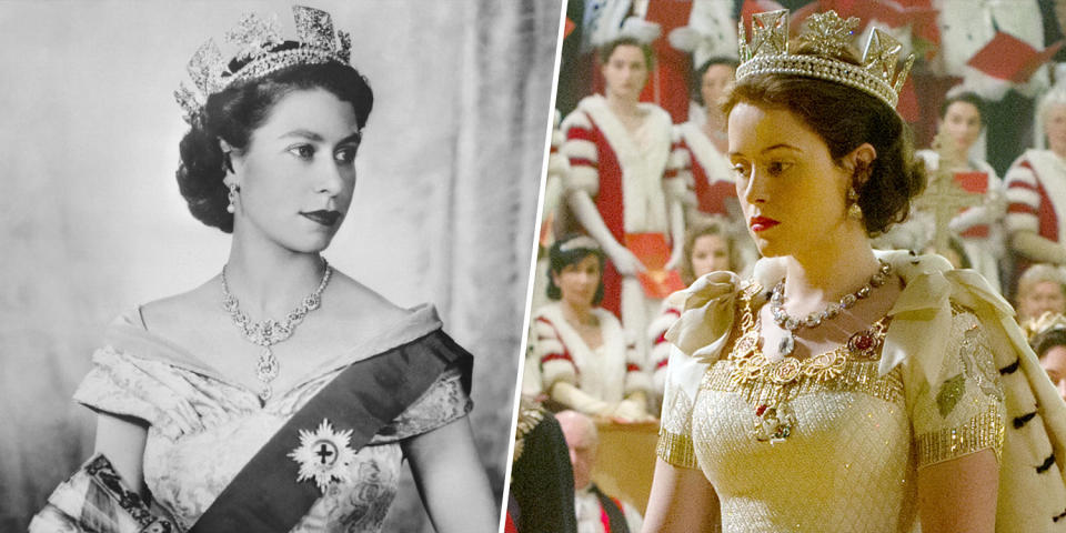 (Left)  Queen Elizabeth II in 1952. (Right) Claire Foy as Queen Elizabeth in 